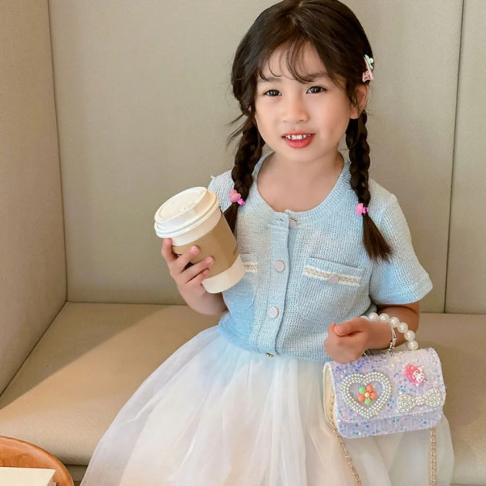 Korean Style Pearl Kids Handbag Lace Bow Princess Shoulder Messenger Bag Sequin Zero Wallet Pocket Pack 250219