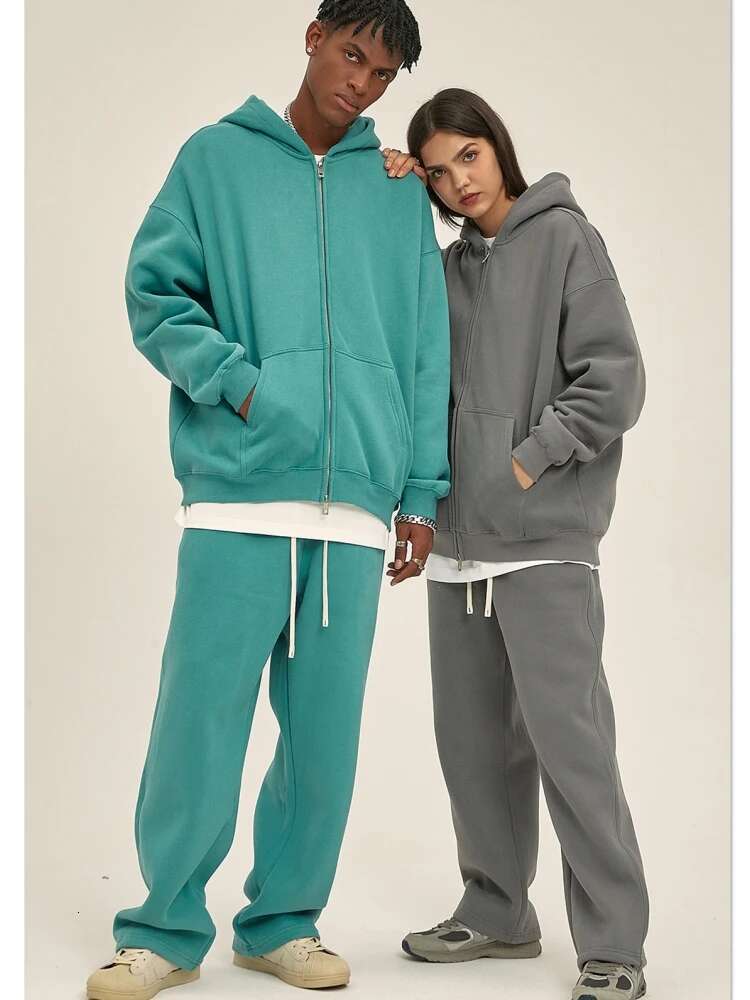 Heavyweight 350g/m2 Men& Women Fleece Full-zip Hoodie Cotton Blend Men's Loose Zip-up Hooded Sweatshirt Thick Warm Lovers Coat