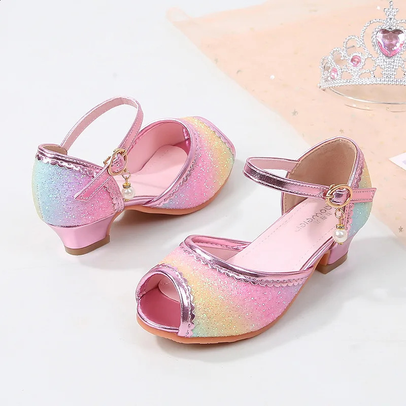 Sweet Girl Princess Dress Sandals Rainbow Sequins Children High Heels Glitter Spring Summer Kids Casual Shoes for Wedding Party 250218