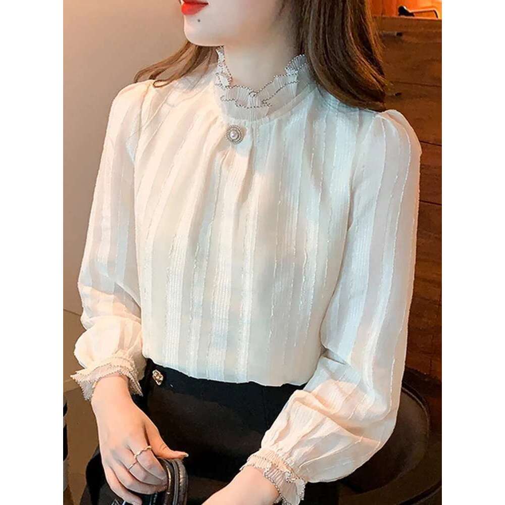 Long Sleeve Blusas Mujer De Moda 2024 Apricot Chiffon Blouse Shirt Tops Women Blouses Camisas Blusa Feminina F515