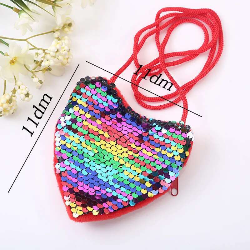 Ddmyshoesvip Princess Sequins Heart Shape Baby Bag Cute Solid Color Kid Coin Purse For Toddler Girl Shiny Children Shoulder Handbags