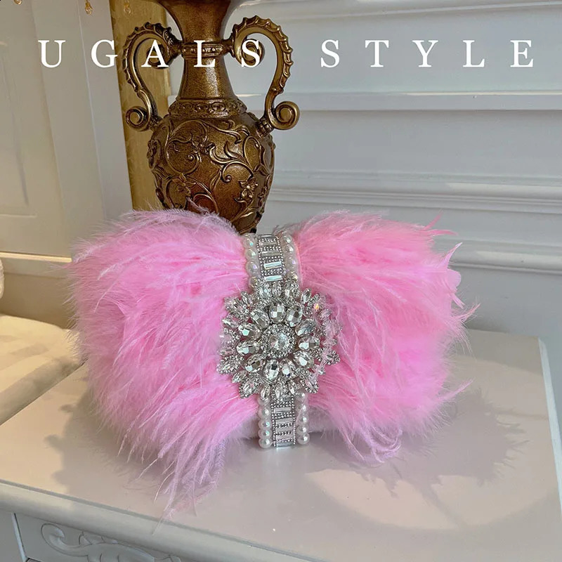 Ostrich Feather Handbags Diamond Bag Pearl Evening Bags For Women Shoulder Crossbody Bag Party Purse Wedding Clutch 250218