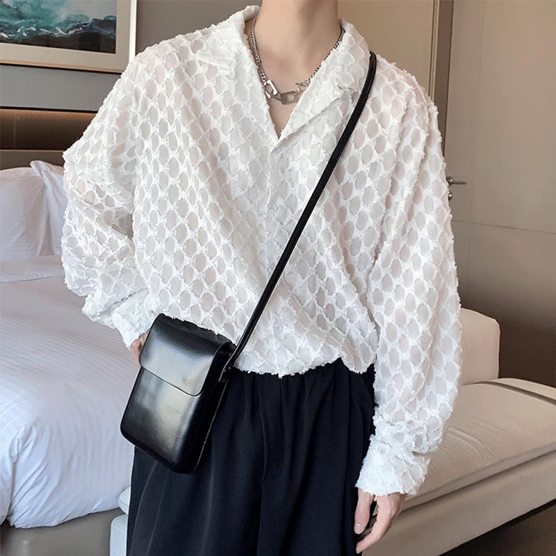 Autumn Mens Clothing Light Korean Dress Shirts Button-down Long Sleeve Solid Color Retro Hollow Out Leisure 250214