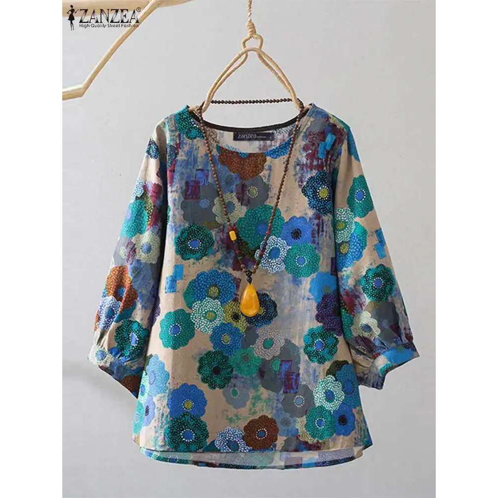 ZANZEA Women Long Sleeve Blouse 2024 Autumn Retro Ral Print Shirts Vintage Office Lady Cotton Chemise Holiday Round Neck Tops
