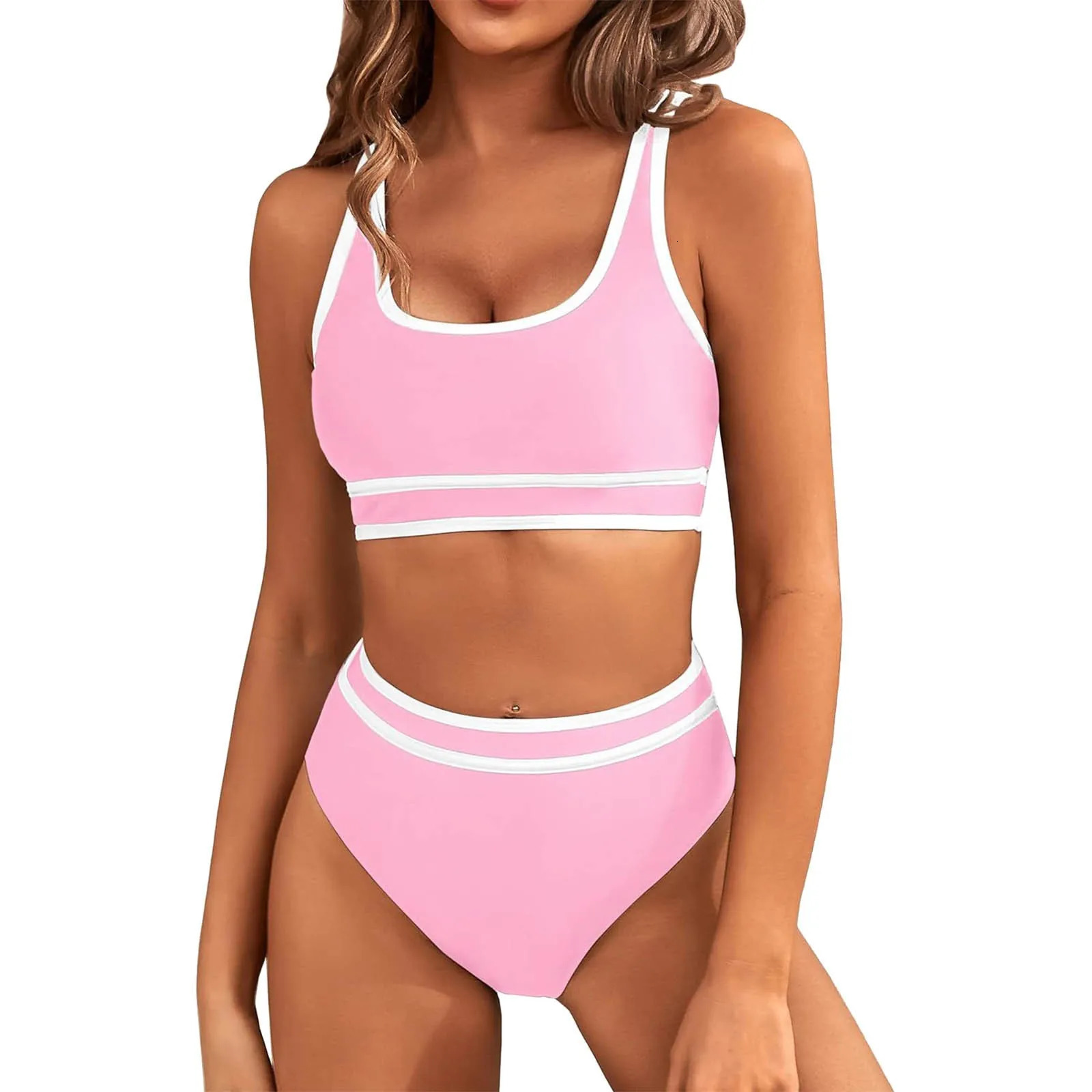 Womens High Waisted Bikini Sets Two Piece Sporty Swimsuit Solid Color White Edge n Tops For Women Bathing Suit 250219