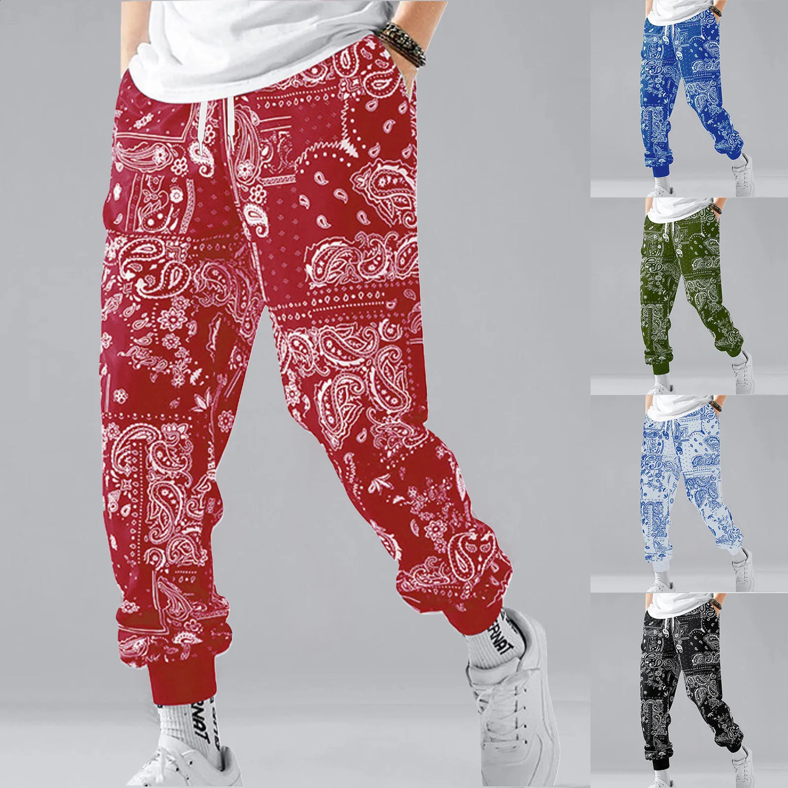 Retro Print Long Sweatpants Mens Elasticated Waist Casual Trousers Drawstring Pockets Autumn Winter Jogger Trousers Mens 250214