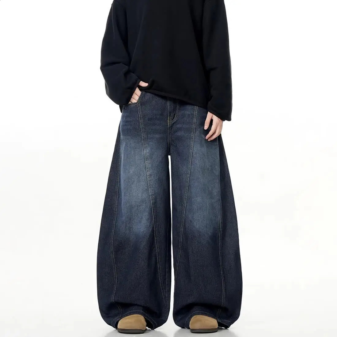 90s Retro Trend Washing Old Dark Blue Jeans Men Women Korean Version Loose Casual American Street Lovers Straight Wide-Leg Pants 250218