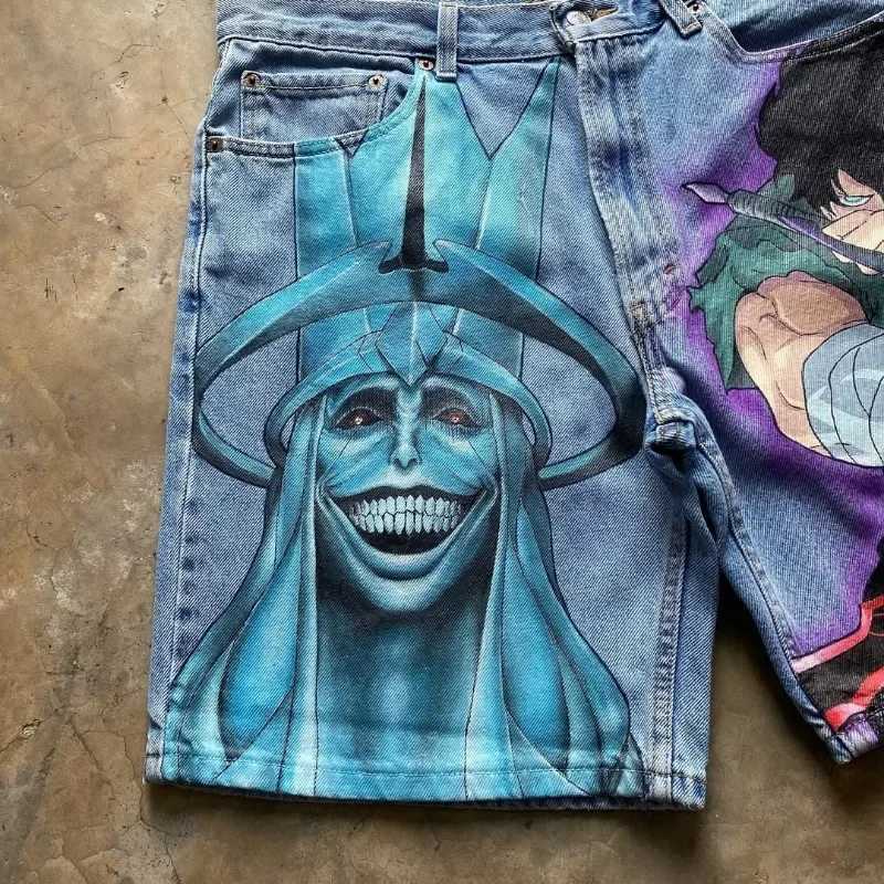 American Classic Personality Trend Animation Printed Super Large Denim Shorts Men Y2k Harajuku Hip-hop Versatile Jeans Women W250219
