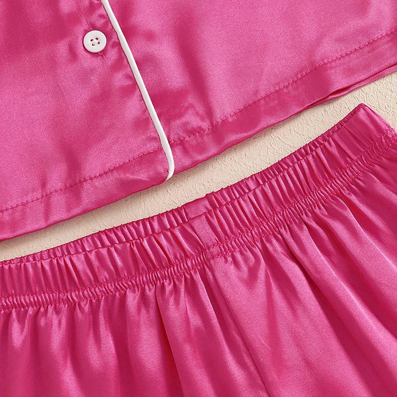 Summer Children Kids Baby Girls Pajamas Sets Satin Feather Patchwork Button Short Sleeves Shirt with Elastic Shorts Loungewear 250218
