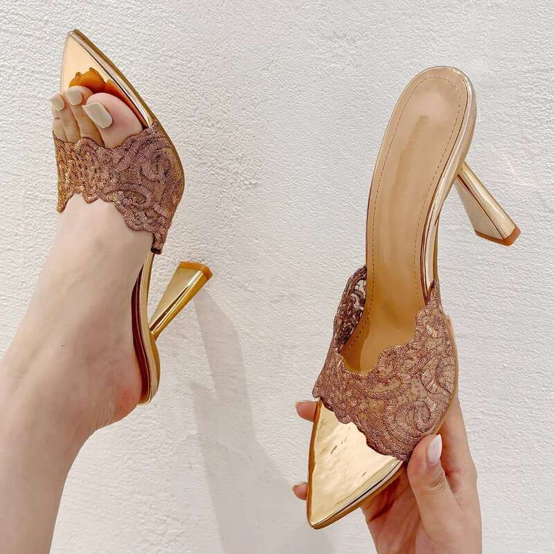 Summer Handwork Embroidery Hemp Women Slippers Sandals Sexy Pointed Toe Mules Party Heels Slides Shoes atos De Mujer