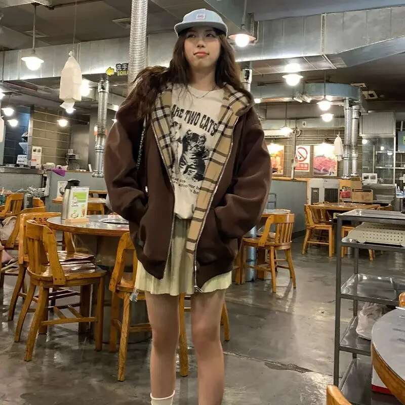 Brown Zip Up Hoodie 2023 Autumn Lattice ing Long Sleeve Casual Oversized Sweatshirt Solid Jacket Women Clothing