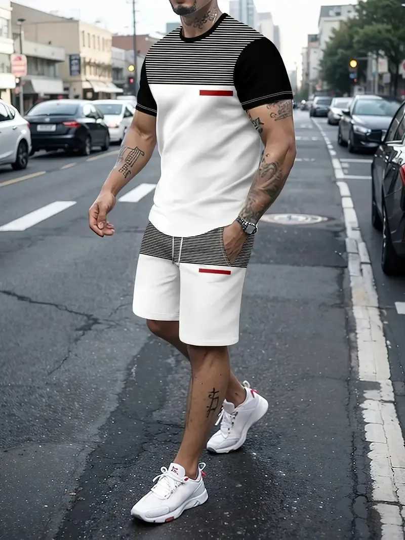 Summer Mens Outdoor Casual T-shirt Two Piece Set Personalized Splicing Color Round Neck Short Sleeve and y2k Shorts SweatshirtXJ250218
