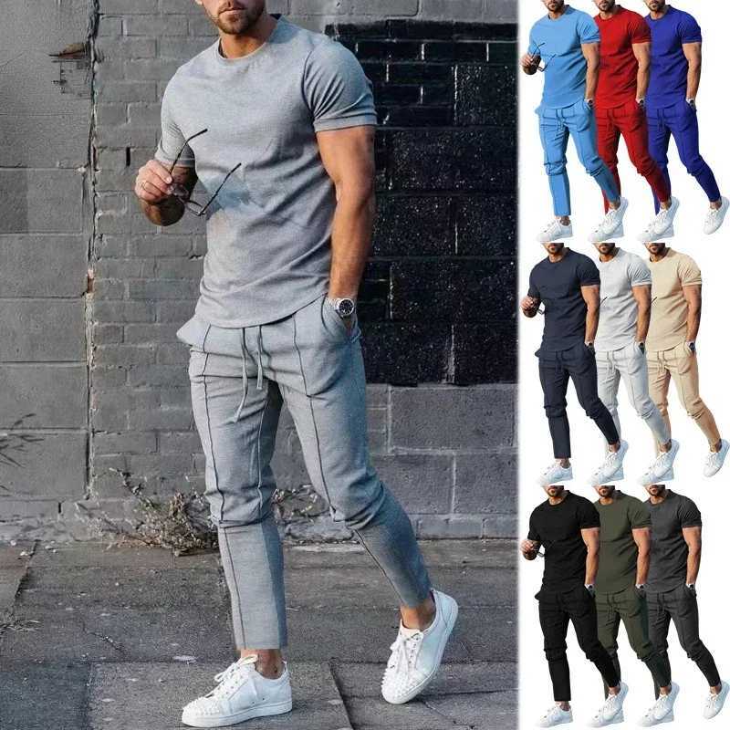 Sports Set Mens Fall 2023 Summer Solid Casual Round Neck Short Sleeve Sports T-shirt Two Piece Set for MenXJ250218