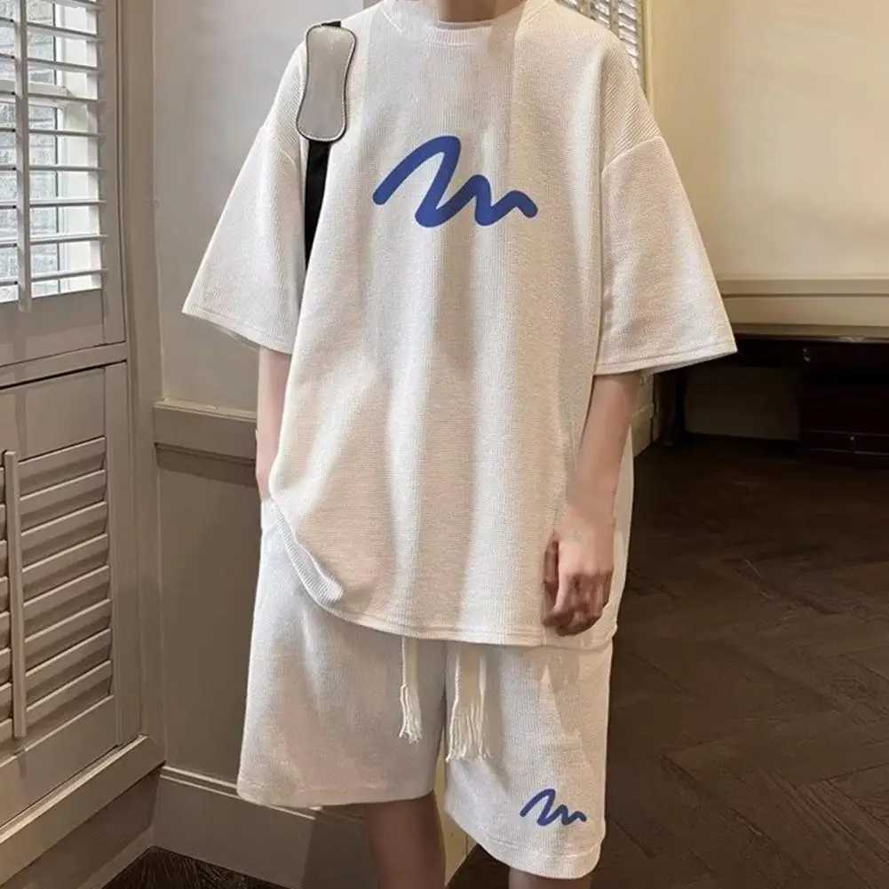 Oversized Tracksuit Waffle Handsome Two-piece Set Summer Men Suit Tops Wide Leg Shorts Short-sleeved Shirt+Letter Shorts SuitXJ250218