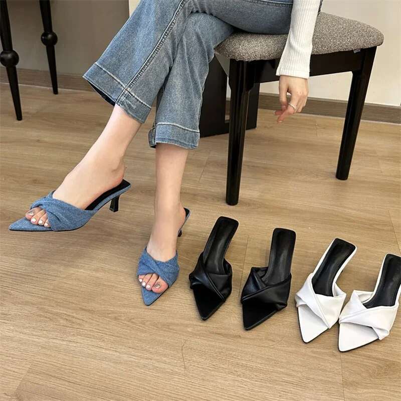 Fashion Design Pleated Pointed Toe Women Slippers Elegant Thin Low Heels Summer Female Slide Shoes