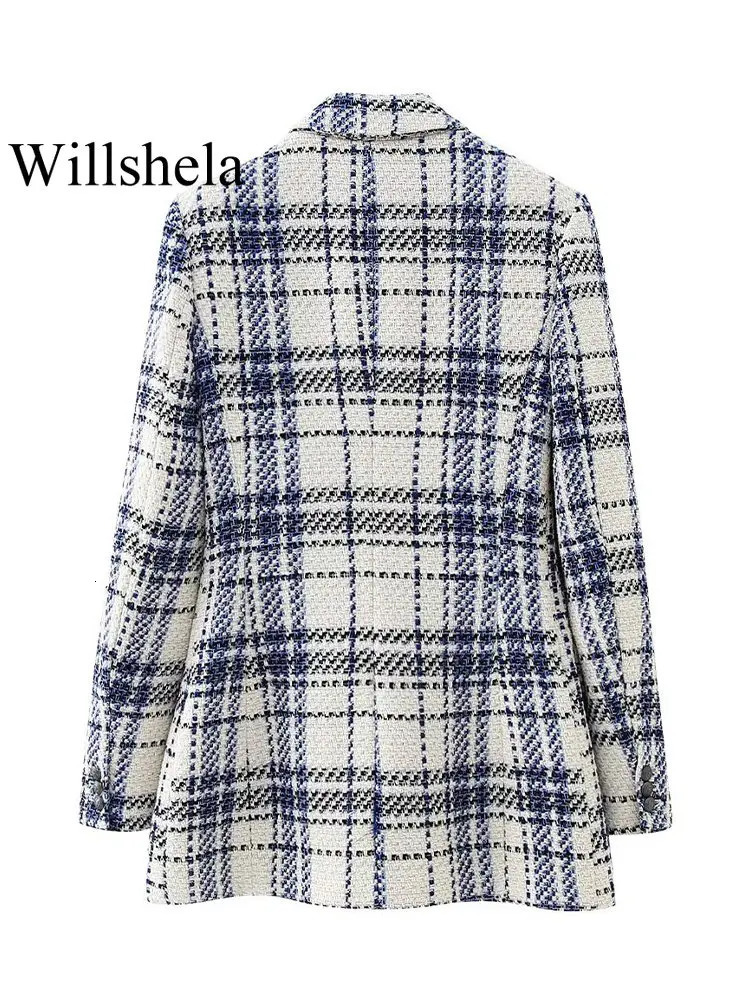 Willshela Women Fashion With Pockets Texture Plaid Double Breasted Blazer Vintage Notched Neck Long Sleeves Female Chic Outfits 250213
