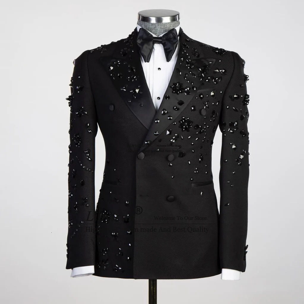 Customized Metal Embellished Men Suits Notched Lapel Groom Tuxedos Wedding Prom Blazers Pants Outfit Mens Full Skirt 250213