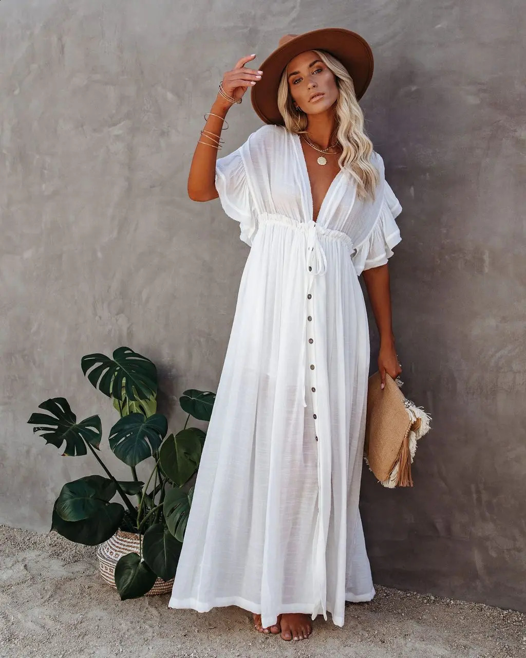 2024 Summer Long Bikini Cover Ups for Women Solid VNeck Kimono Beach Dresses Lace Up AntiSun Swim Dress Bohemian Sarong Skirt 250212