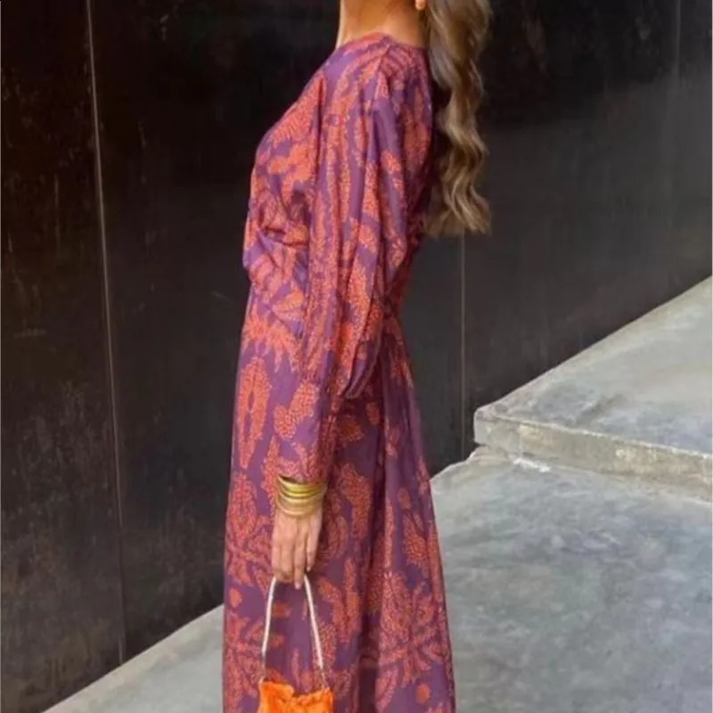 Vestidos Para Mujer Womens Retro Printed Midi Dress Round Neck Elegant Long Sleeve Dress Spring/Summer Party Dresses 250218