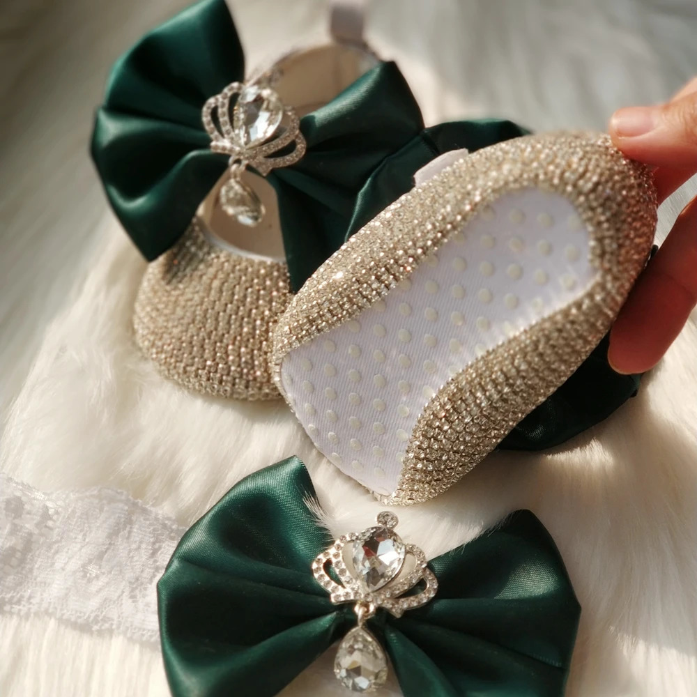 Dollbling Emerald Crown Baby Cirb Shoes Green Bow Headband Set Bling Bebe Name Ballet 100 Day Ballerina Princess Girl First Wa 250219