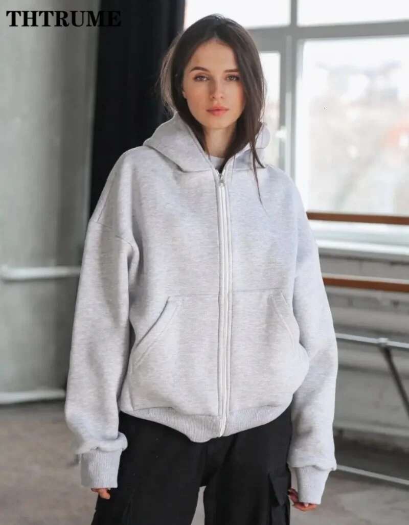 Elegant Oversized Solid New Hoodies Fashion Women Autumn Winter Long Sleeve Hooded Tops Casual Zipper Pocket Vintage Sweatshirts