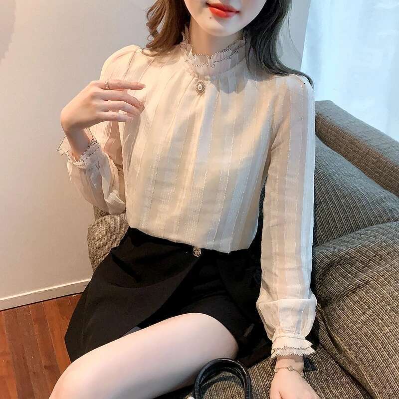 Long Sleeve Blusas Mujer De Moda 2024 Apricot Chiffon Blouse Shirt Tops Women Blouses Camisas Blusa Feminina F515