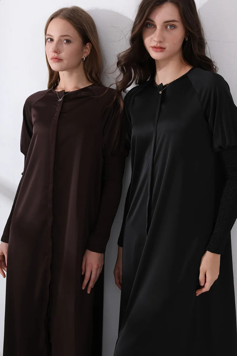 AS woman clothing satin dress button down n smocking sleeve maxi Ship out in 1 day 250218