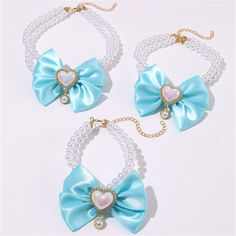 Chic Red Pearl Collar for Dogs and Cats - Double Layered Necklace with Rhinestone Bow Charms