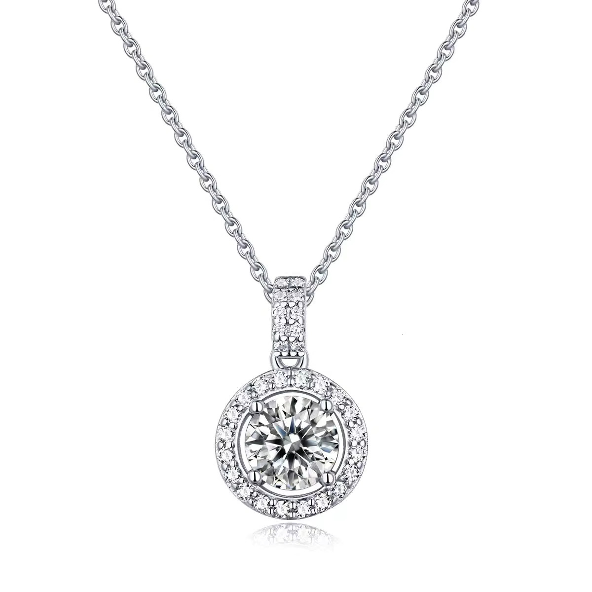 Halo Moissanite Dia Pendant Round Cut 2.0 CT Sterg Necklace D Color VVS1 Clarity for Women