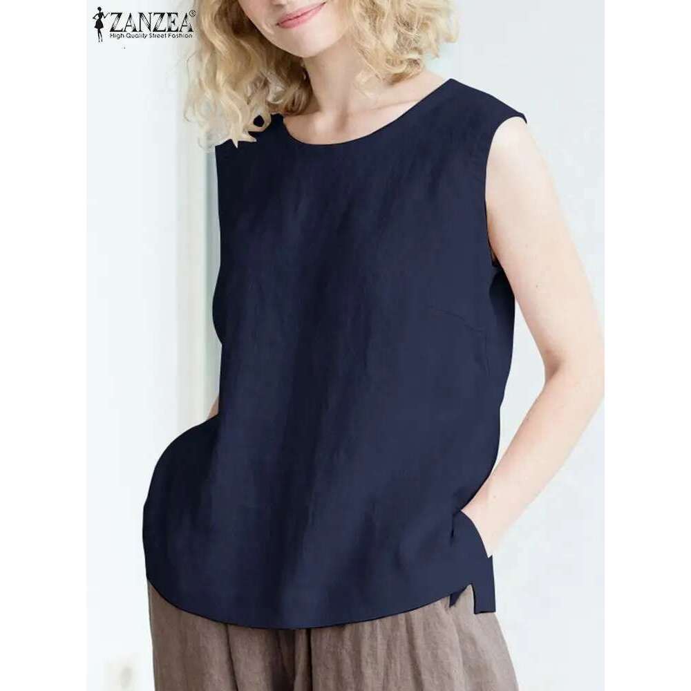 ZANZEA Women's Blouse Summer Sleeveless Solid Color Cotton Shirt Femme Fashion Causal Elegant Holiday Beach Tank Tops Blusas