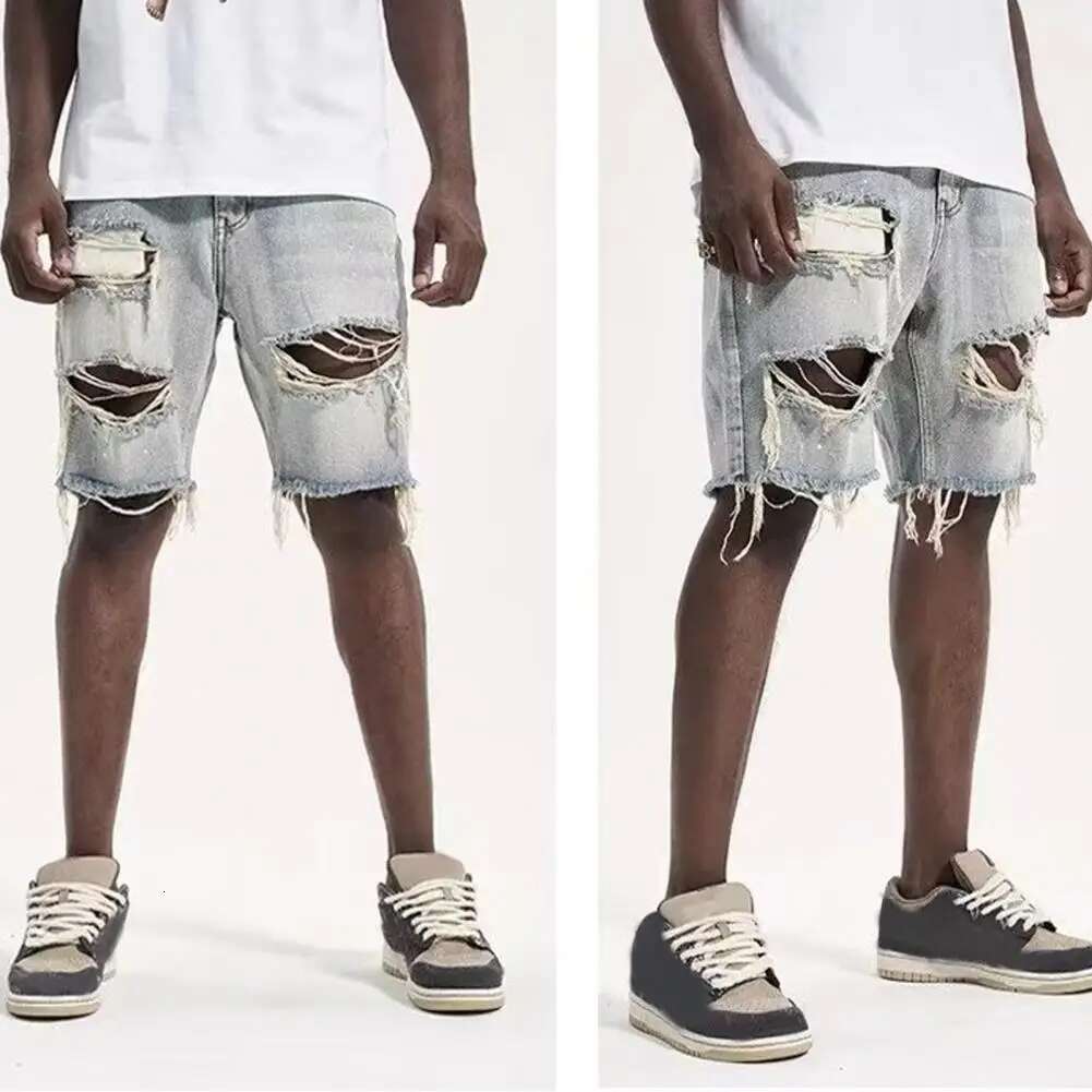 Men's Summer New Perforated Denim Shorts With Fashionable Buttons And Multiple Pockets Personalized Design Slim Fit Men's Denim Shorts Suita