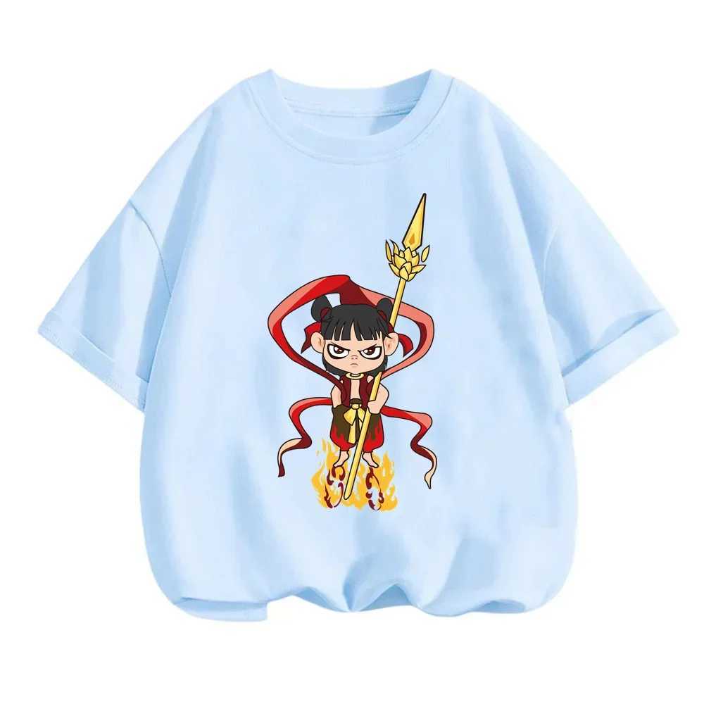 Cute Nezha childrens T-shirt for summer fashion playful Chinese mythological characters for fun suitable for Q-print on O-neck tops M250219