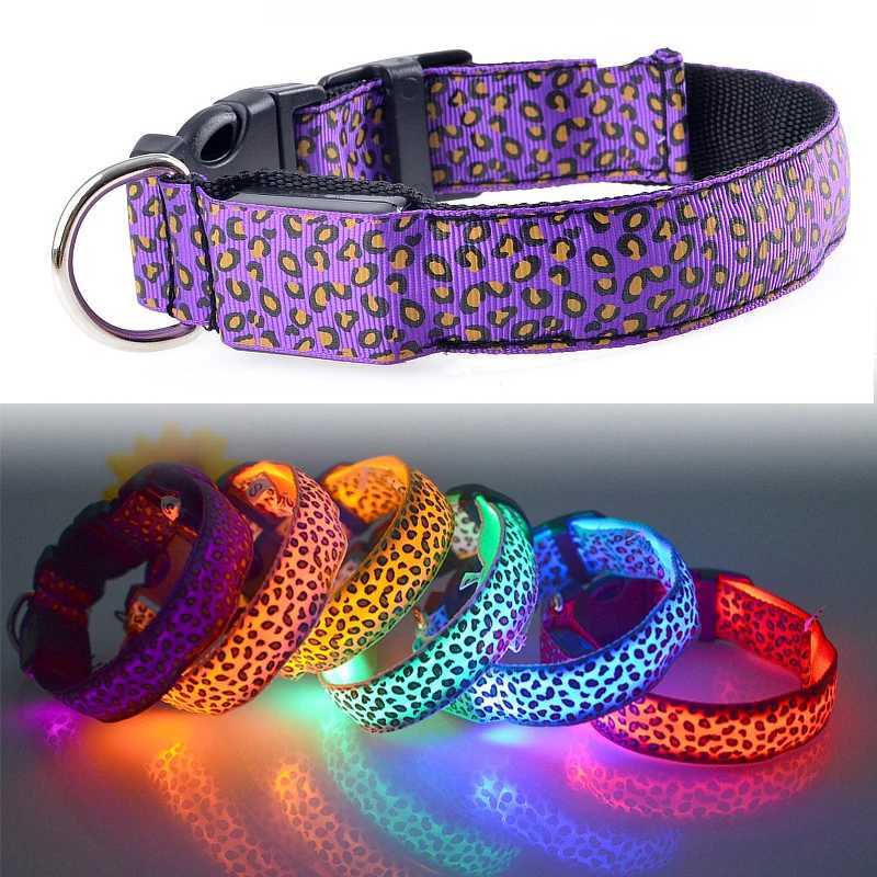 Leopard Nylon Pet Dog Collar For Small Dogs Cat LED Light Night Safety Adjustable Glowing Necklace Puppy Collar Perro AccesoriosXJ250218