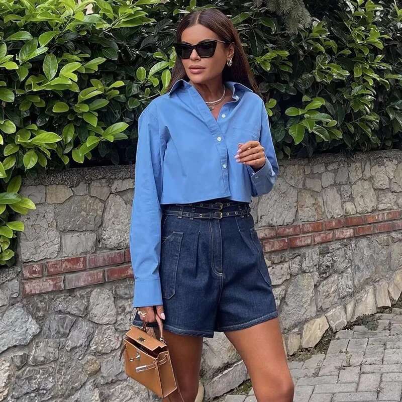 Cropped White Woman Pocket Button Up Shirt Long Sleeve Crop Top Female Spring Collared Shirts And Blouses Women