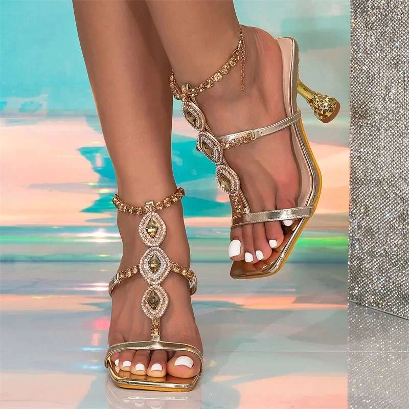 Fashion Golden Crystal Metal Chain Buckle Strap Women Sandals Sexy High Heels Square Toe Banquet Party Summer Shoes