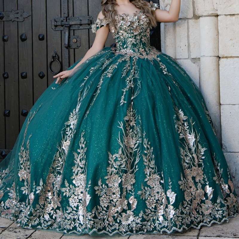 Blackish Green Shiny Quinceanera Dresses Ball Gown Off The Shoulder Applique Lace Beading Tull Party Birthday Sweet 16 Dress Vestido 15 De Anos