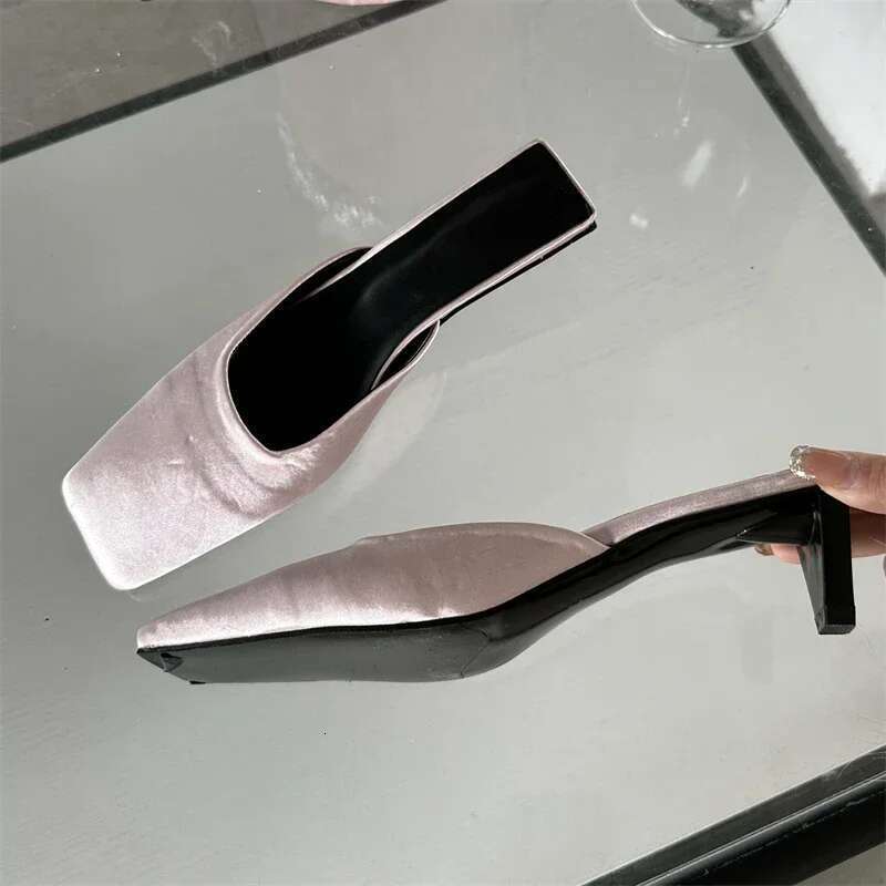 Spring Satin Women Slippers Fashion Square Toe Low Heels Sgback Casual Party Shallow Mules Ladies Slides Shoes