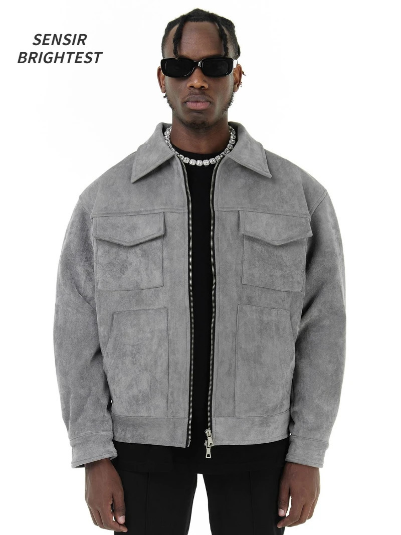 Autumn Jackets Oversize Casual Clothes High Street Pockets Laper Zipper Suede Thick Coat Mens Windbreaker Loose 250218