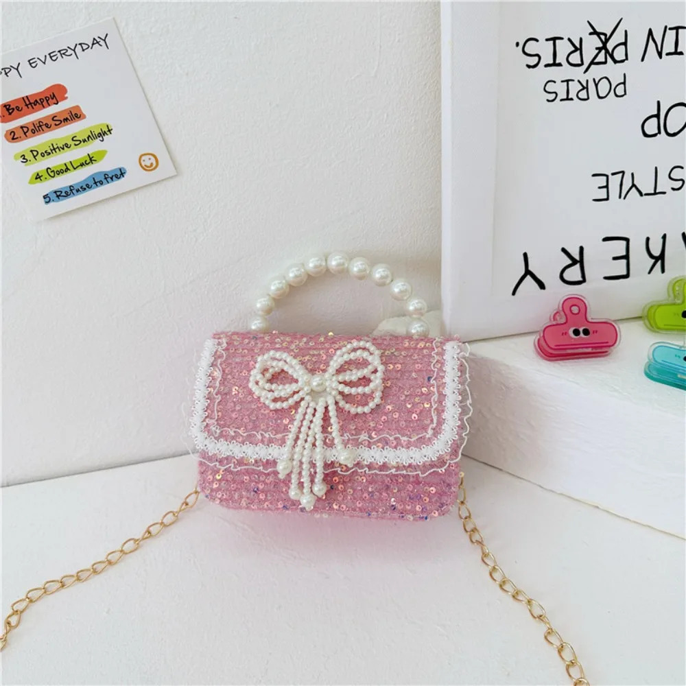 Korean Style Pearl Kids Lace Bow Princess Shoulder Messenger Bag Sequin Zero Wallet Pocket Pack 250219