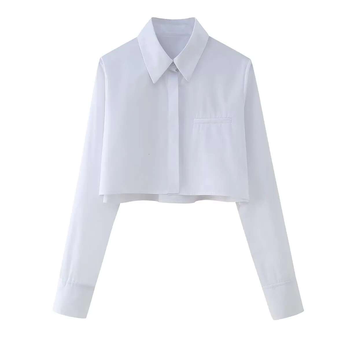 Cropped White Woman Pocket Button Up Shirt Long Sleeve Crop Top Female Spring Collared Shirts And Blouses Women