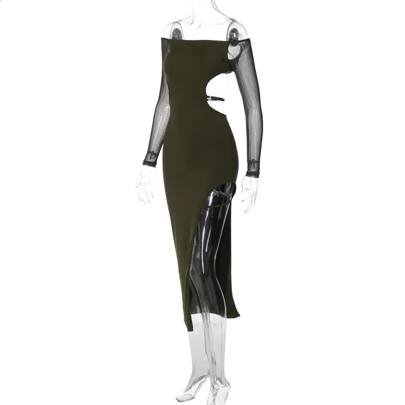 Mesh Long Sleeve Cut Out Backless Sexy Party Club Midi Split Dress Outfits for Women Autumn Winter Slash Neck Bodycon Dresses 250218