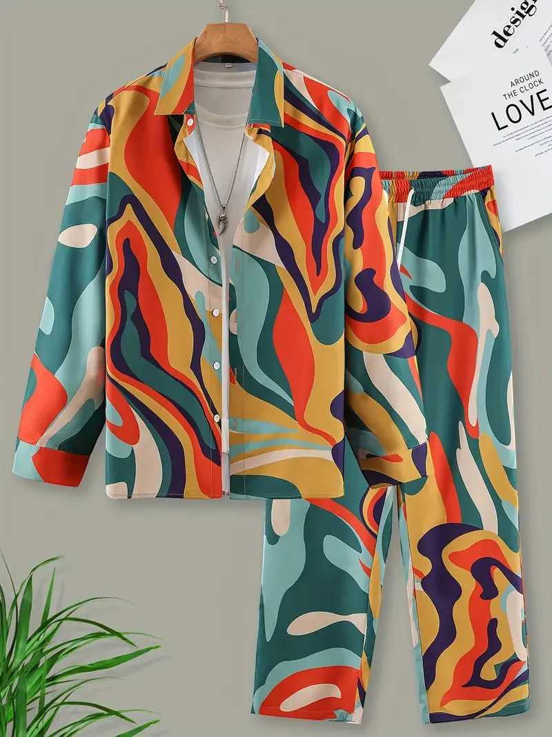 Long Sleeve Shirt Set Mens Geometric 3D Printed Button-up Shirt And Pants Set Mens And Womens Stylish Casual Simple SuitXJ250218