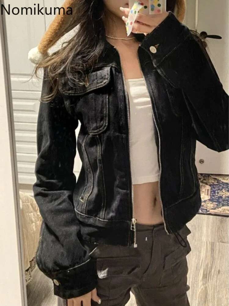 2024 Women Clothing Korean Jean Jackets Vintage Turndown Collar Streetwear Tunic Coats Crop Tops Casual Chic Zipper Y2k Jacket