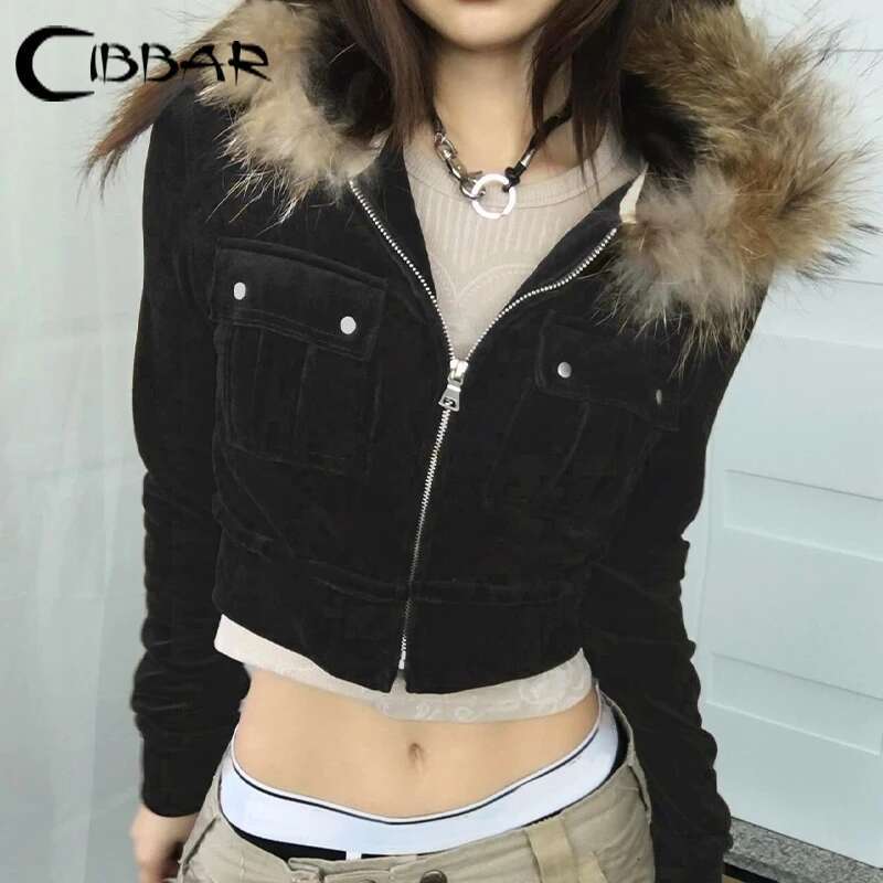 CIBBAR y2k Furry ing Hooded Hoodies Vintage 2000s Zip-up Cropped Jackets Women Casual Autumn Outwears Korean Fashion Coats