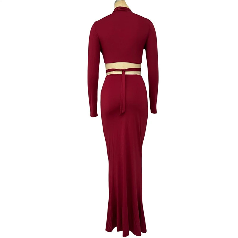 Wefads Two Piece Set Women Sexy Solid Long Sleeve Round Neck High Waist Pullover Top A Line Slim Pleated Hollow Out Skirt Sets 250218