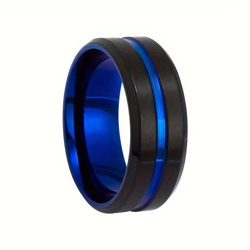 Fashion Mens Stainless Steel Rings 8mm Classical Black Blue Groove Beveled Edge Wedding Engagement Anniversary Jewelry GiftXJ250219