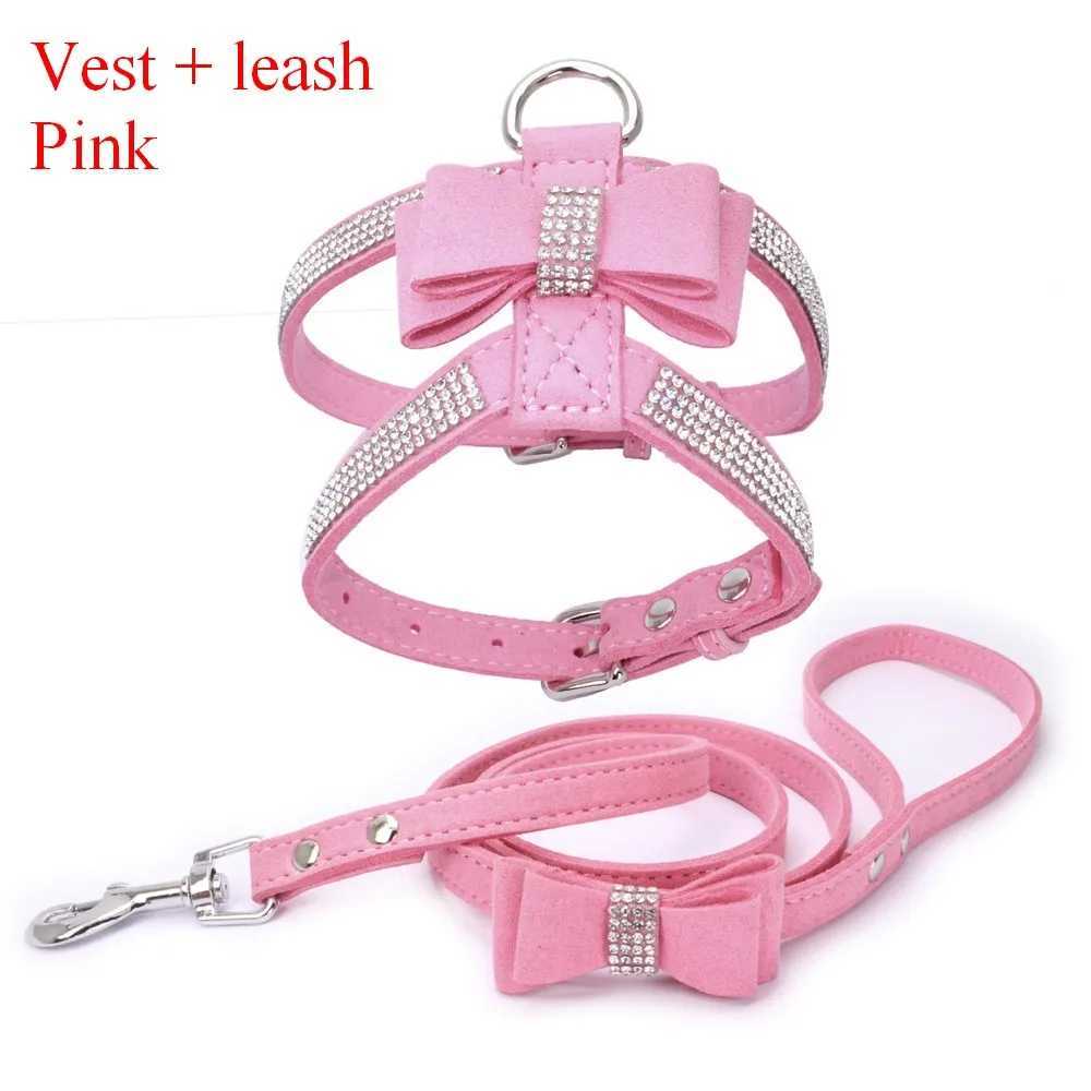 Pet Harness Leash With Rhinestone Bling Crystal Adjustable Chest Strap Soft Suede Bow Leather High Quality Drop ShippingXJ250218