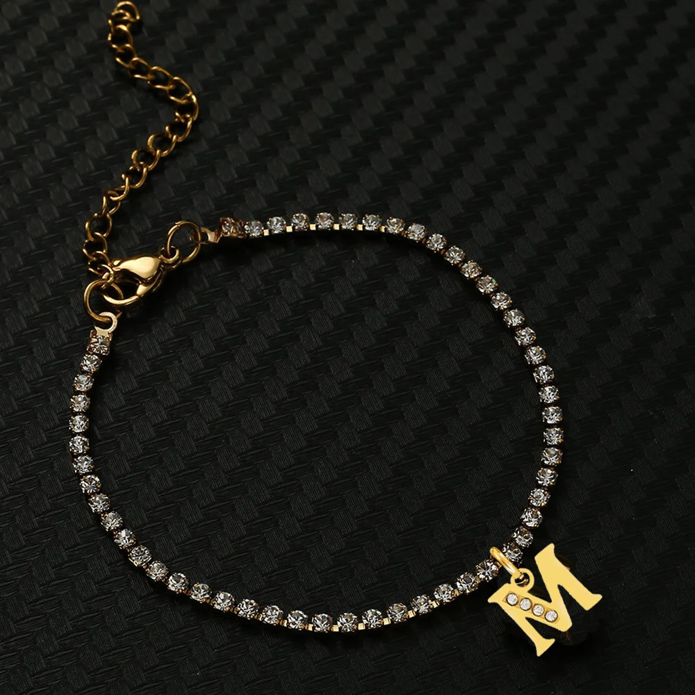 Drop Classic AZ CZ Zircon 26 Initial Pendant Charm Bracelet Women 2MM Tennis Chain Stainless Steel Wedding Jewelry 250213