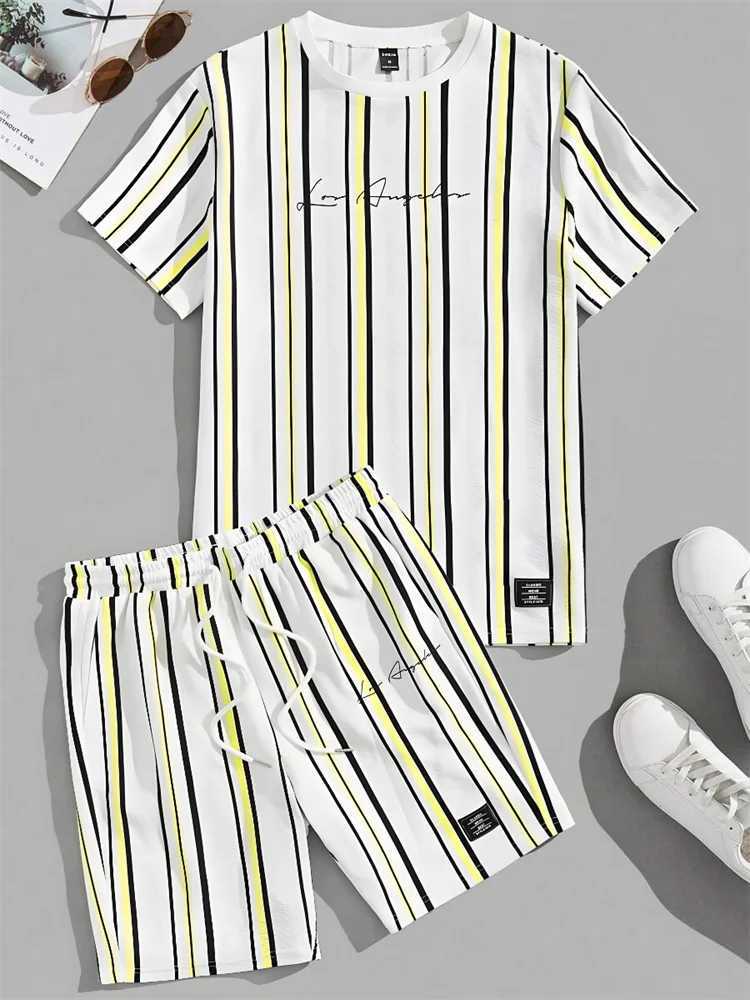 3D Striped Printed Mens Set Summer Casual Everyday Mens Short Sleeve T-shirt Urban Street Mens Fashionable Beach ShortsXJ250218