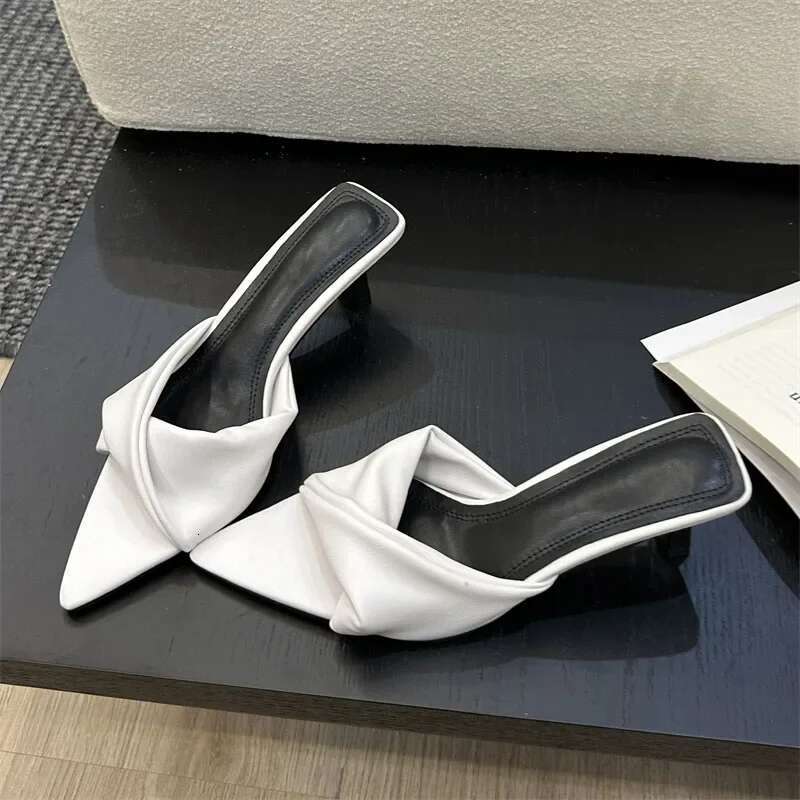 Fashion Design Pleated Pointed Toe Women Slippers Elegant Thin Low Heels Summer Female Slide Shoes